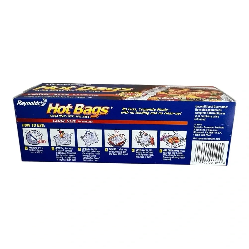 Reynolds Hot Bags Aluminum 3 Foil Bags Large Size Extra Heavy 5/6 Servings NOS